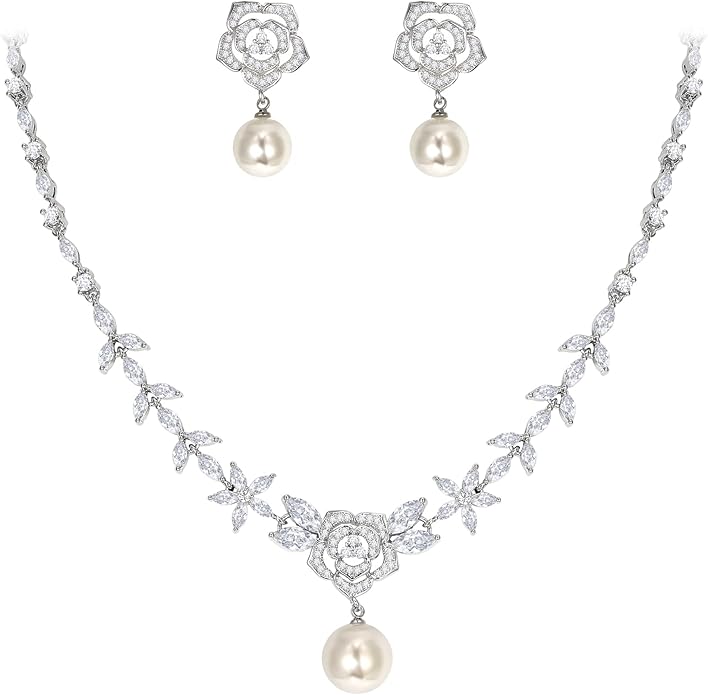 EleQueen Women's Simulated Pearl Wedding Jewelry Set, Cubic Zirconia Marquise Floral Bridal Necklace Earrings Bracelet Sets