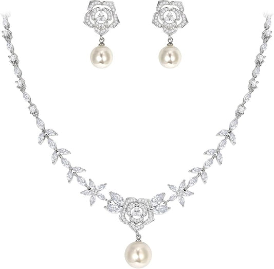 EleQueen Women's Simulated Pearl Wedding Jewelry Set, Cubic Zirconia Marquise Floral Bridal Necklace Earrings Bracelet Sets