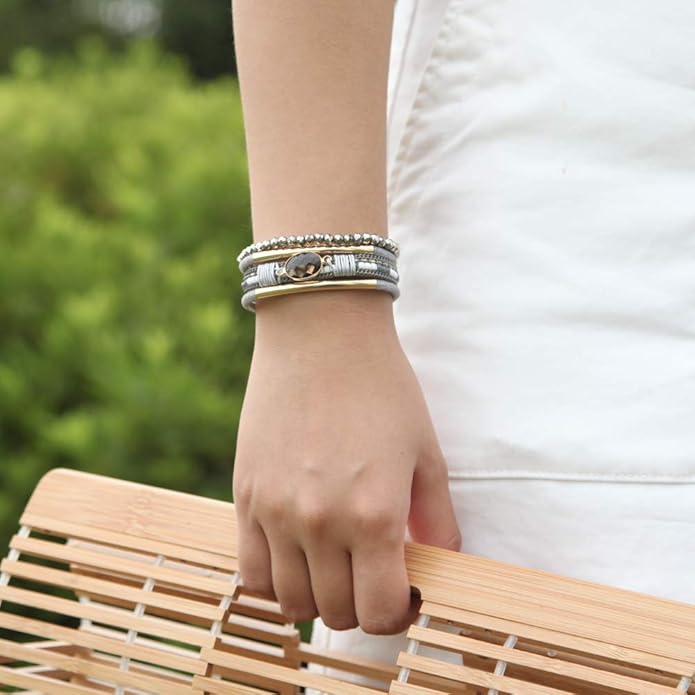 FANCY SHINY Leather Wrap Bracelets Crystal Beads Bracelet Boho Cuff Stone Charm Bracelets with Clasp Costume Jewelry for Women