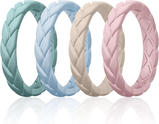 Egnaro Women's Silicone Stackable Rings 3.5mm Wide 2mm Thick, Rubber Flexible Hypoallergenic Wedding Bands For Workout Leaf Braided Fashion