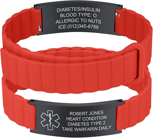 Comfortable Medical ID Bracelet for Men & Women - Custom Engraved Silicone Strap Comfort Fit Medical Alert Bracelets for Sports,Adjustable Waterproof Customizable Wristband for Diabetic