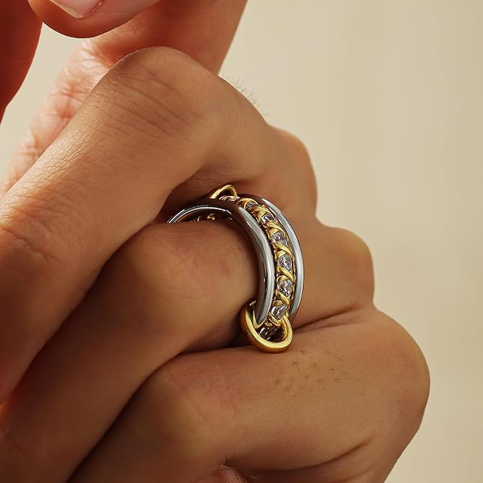 Leaocean Gold Stackable Rings for Women CZ Wedding Band Rings 18k Gold Plated Cubic Zirconia Rings, Silver Gold Multi Ring Mixed Metals Stack Rings Set