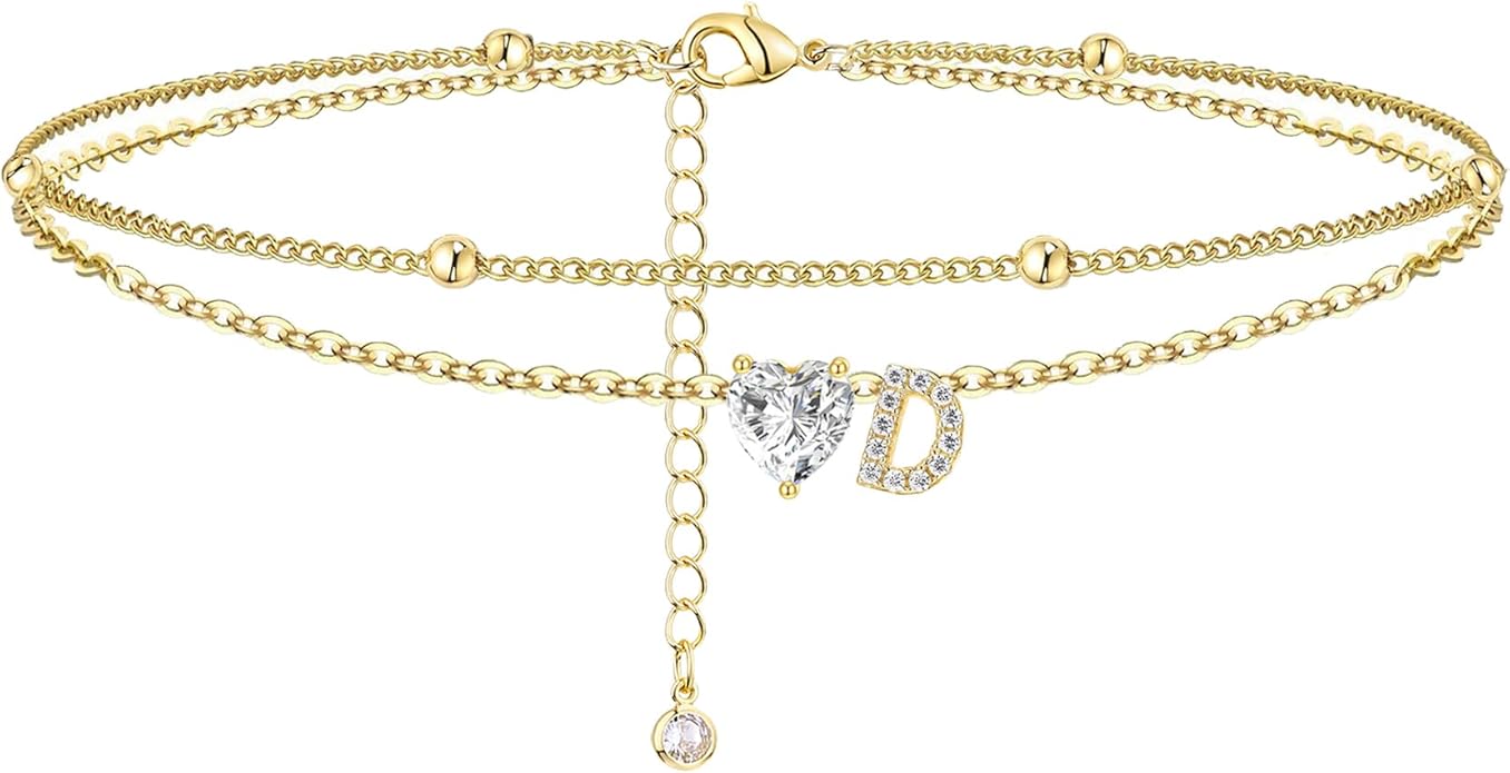 Ankle Bracelets for Women Waterproof 14K Gold Plated CZ Initial Anklet for Women Dainty Layered Letter Heart Ankle Bracelets Handmade Adjustable Foot Chain Anklet Summer Beach Jewelry