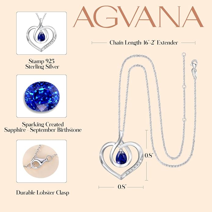 AGVANA Christmas Gifts Heart Birthstone Necklace for Women Sterling Silver Genuine or Created Gemstone Forever Love Pendant Necklace Fine Jewelry Anniversary Birthday Gifts for Women Mom Wife