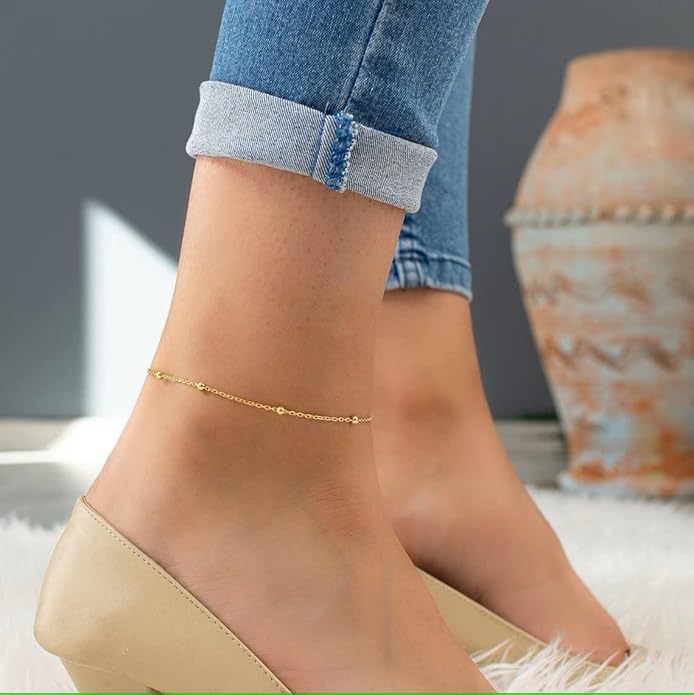 Ankle Bracelets for Women Dainty 18K Gold Plated Anklet Waterproof Round Beaded Paperclip Herringbone Pearl Chain Anklets Waterproof Beach Foot Jewelry