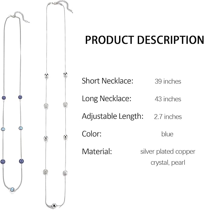 Silver Layered Long Necklace for Women Pearl Crystal Sweater Strand Chain Necklaces Fashion Gifts