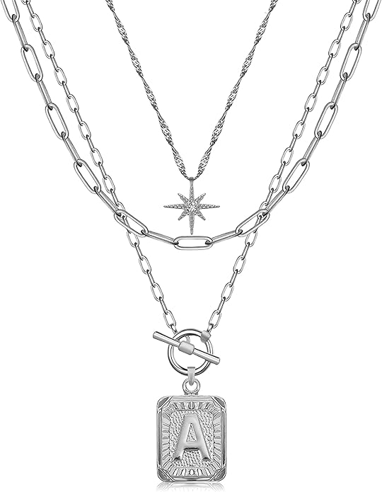 MJartoria Layered Initial Necklaces for Women Trendy, 14K Gold Plated Brass Simple Star Choker Square Letter Pendant Necklace, Paperclip Chain Necklaces Jewelry Gifts