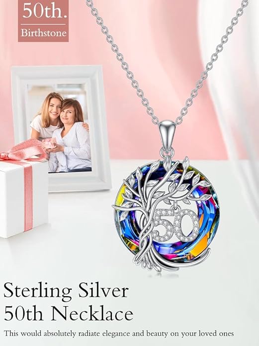 TOUPOP Birthday Gifts for Women 925 Sterling Silver Tree of Life Year Old Necklace Circle Crystal Jewelry Christmas Gifts for Her Wife Mom Mother Grandma Grandmother