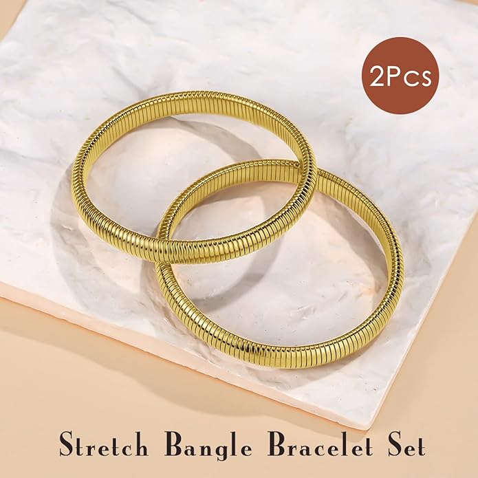 Emibele Gold Bangles Bracelet Set for Women, 18K Gold Plated Chunky Stainless Steel Non Tarnish Stretch Bracelet Stack, Flexible Wide Wristband Bangle Layered Snake Chain Bracelets