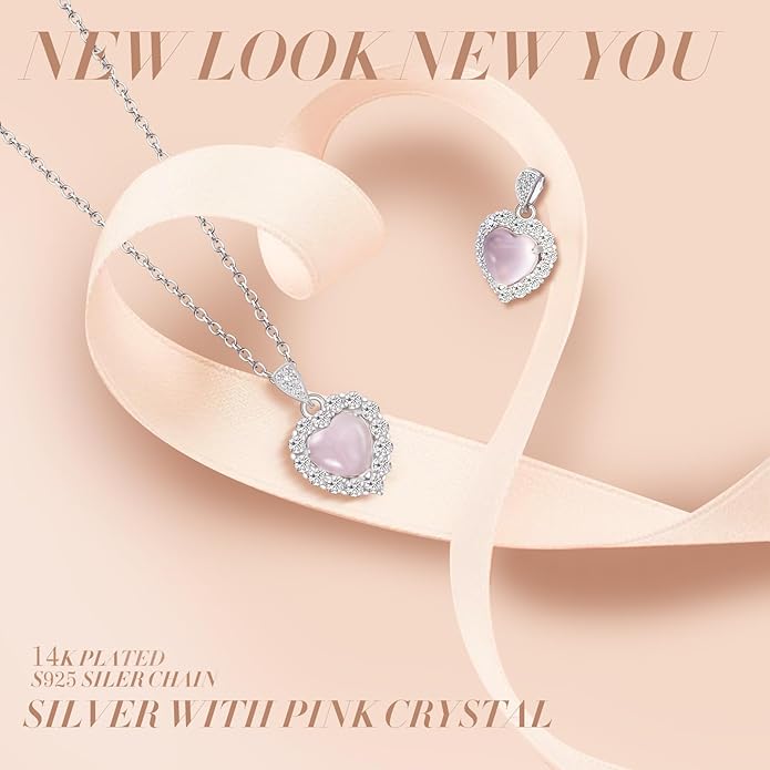 Pendant Necklaces for Women 925 Sterling Silver with Moissanite & Genuine Jewelry, Lucky Clover, Butterfly, Pink Crystal Heart Design, 14K White Gold Plated Nacklace, Mom Wife Women's Birthday Gifts