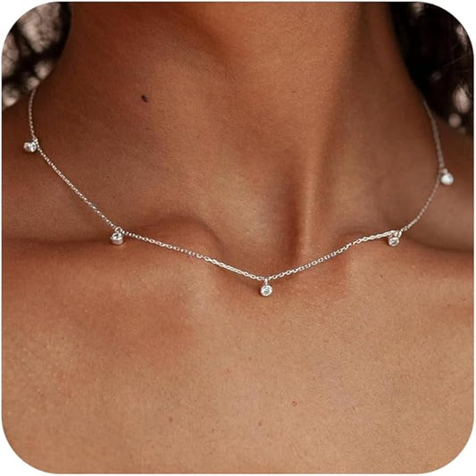 Dainty Necklaces for Women Cute Station Choker Necklace Cubic Zirconia Simulated Diamond Necklace Simple Layering CZ Necklace Trendy Jewelry Gifts