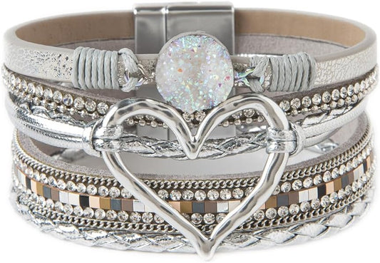Rantanto Braid Leather Wrap Bracelet Trendy Stackable Crystal Cuff Boho Gold Heart Bracelet Jewelry Gift For Women