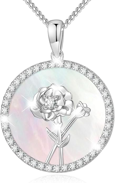 AGVANA Valentines Day Gifts Sterling Silver Birth Flower Necklace for Women Genuine Mother of Pearl CZ Round Disc Pendant Necklace Fine Jewelry Anniversary Birthday Gifts for Women Wife Mom Her