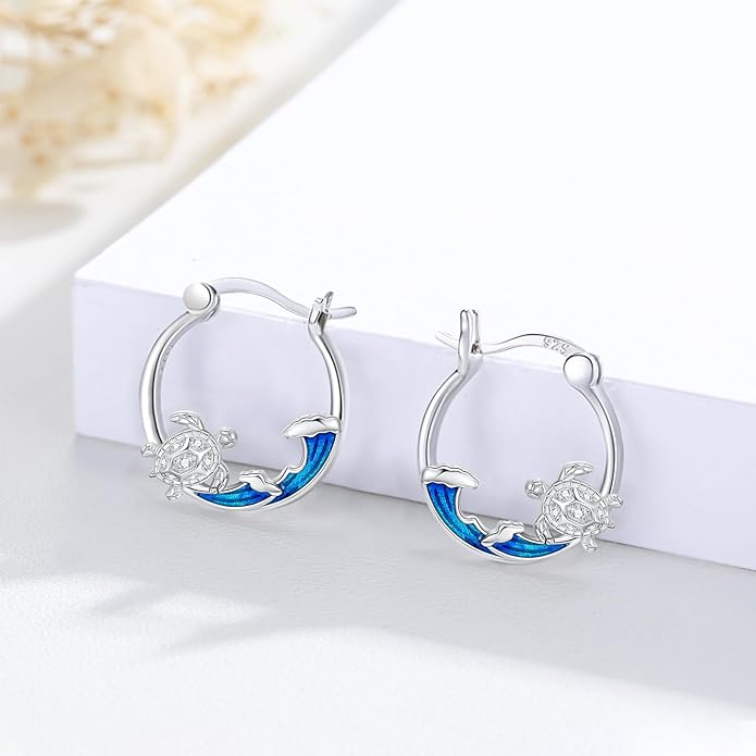 SeaTurtle dolphin Hummingbird Earrings for Women 925 Sterling Silver Sea Waves Earrings Ocean Huggie Hoop Sea Turtle dolphin Earrings Jewelry Gifts