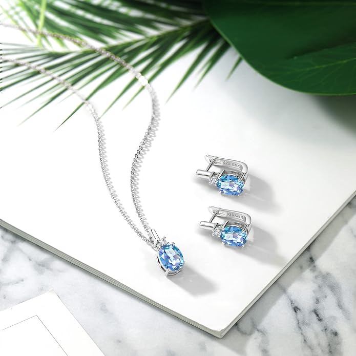 Gemstone Birthstone and White Created Sapphire Pendant and Earrings Jewelry Set for Women in 925 Sterling Silver | Oval 8X6MM and Round 2.5MM | With 18 Inch Chain | Fine Jewelry for Her Mom Women Wife
