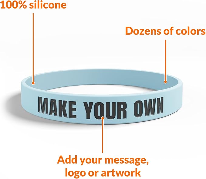 Custom Wristbands For Events, Fundraisers & Promotions | Add Text, Icons, & Logos | Bulk Rubber Bracelets | Classic 1/2” | 100% Silicone