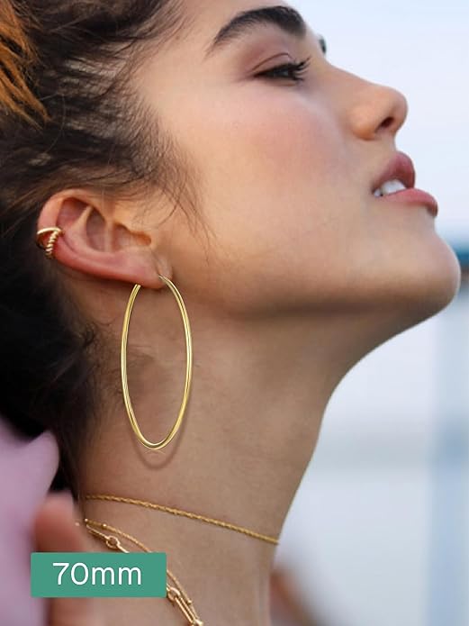 ChicSilver Hypoallergenic 925 Sterling Silver Hoop Earrings for Women, Lightweight Large Gold Plated Hoop Earrings, Endless Hoops Huggie Earrings 15/20/30/50/70MM