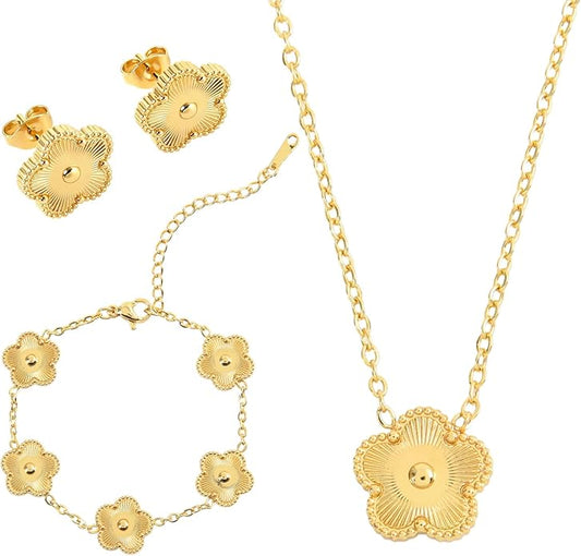 Snyxdrae Hypoallergenic Women's Four Leaf Clover Jewelry Set 14K Gold-Plated Stainless Steel Clover Necklace Bracelet Earrings Fashionable And Exquisite Daily for Women Accessory Gift