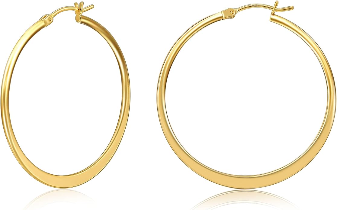 Gacimy Flattened 14K Gold Plated Hoop Earrings for Women, 14K Real Gold Plated Hoops with 925 Sterling Silver Post,Hypoallergenic Lightweight Earring