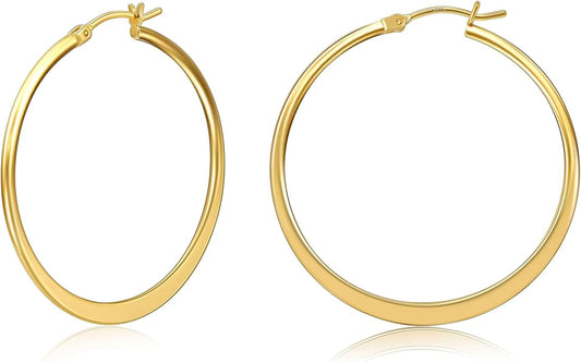 Gacimy Flattened 14K Gold Plated Hoop Earrings for Women, 14K Real Gold Plated Hoops with 925 Sterling Silver Post,Hypoallergenic Lightweight Earring
