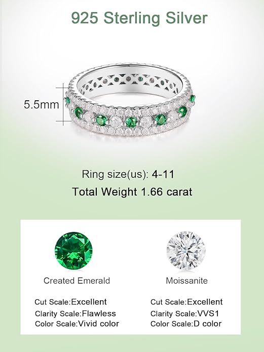 D Color VVS1 Clarity Moissanite and Sapphire/Ruby/Emerald Rings for Women, Solid 925 Sterling Silver, Anniversary Birthday Mothers Day Jewelry Gift, Stackable Wedding Ring, Size 4-11