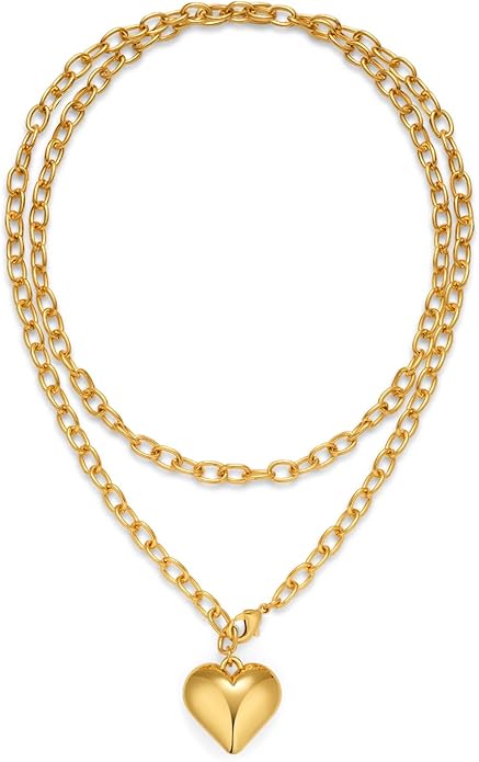 CLASSYZINT Gold Heart Pendant Necklace for Women Puffy Heart Necklace Beads Chain Necklace Statement Necklace Trendy Jewelry