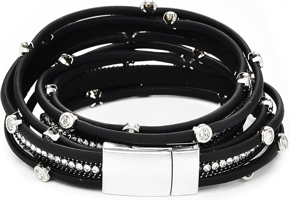 Fesciory Leopard Bracelet for Women, Boho Leather Wrap Multi-Layer Pearl Crystal Bracelet Bangle Jewelry