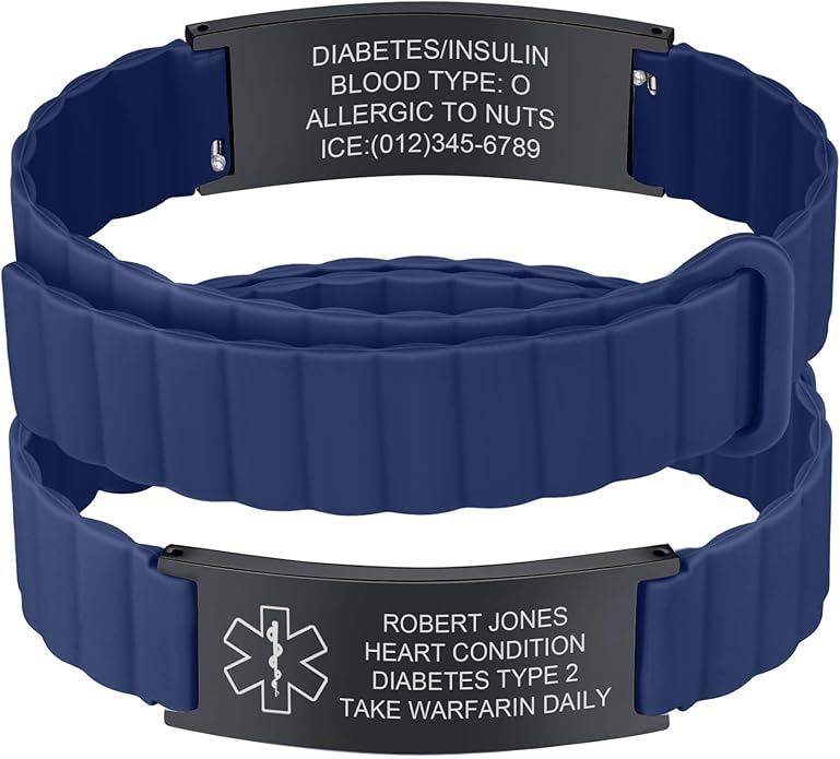 Comfortable Medical ID Bracelet for Men & Women - Custom Engraved Silicone Strap Comfort Fit Medical Alert Bracelets for Sports,Adjustable Waterproof Customizable Wristband for Diabetic