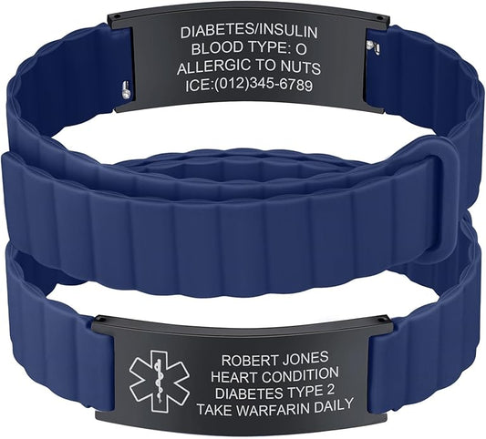 Comfortable Medical ID Bracelet for Men & Women - Custom Engraved Silicone Strap Comfort Fit Medical Alert Bracelets for Sports,Adjustable Waterproof Customizable Wristband for Diabetic