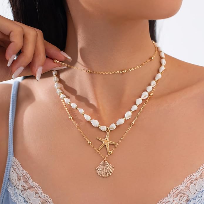 Seashell Necklace for Women Gold Layered Sea Shell Necklace Boho Summer Beach Necklaces for Women Adjustable Pearl Conch Starfish Necklaces Vacation Coastal Beachy Jewelry Outfits Accessories
