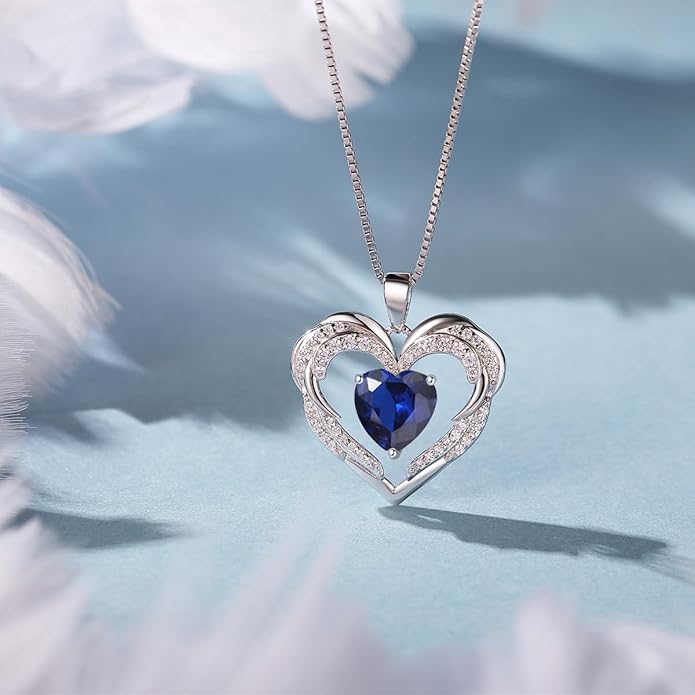 Heart Necklaces Valentine's Gift for Women, Birthstone 925 Sterling Silver Angel Wings Love Pendant Necklaces for Women, Jewelry Gifts for Wife, Anniversary, Mother's day