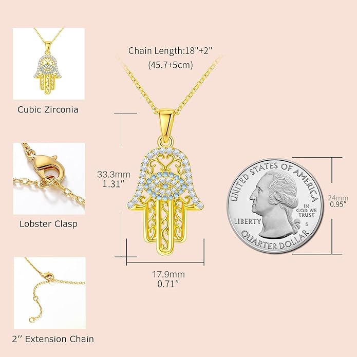 White Gold 14K Gold Plated Necklaces for Women Evil Eye Necklace for Women Girls Evil Eye Hamsa Hand of Fatima Pendant Necklace Good Luck Necklace Jewelry