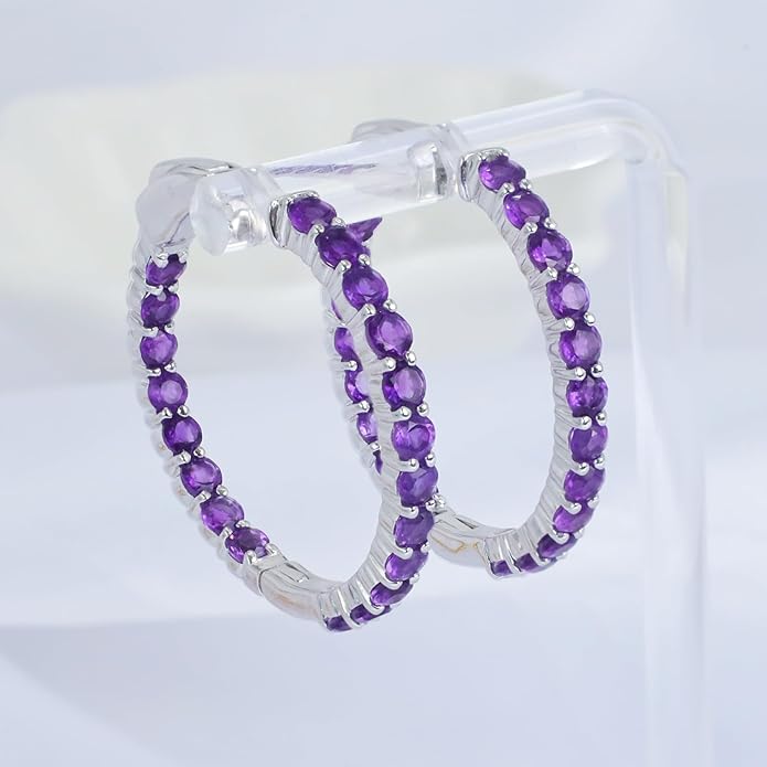Hoop Earrings with 40 Colored Gemstones, Birthstone Earrings, 925 Sterling Silver Rhodium Plated, Push Back Closure, 1.18'