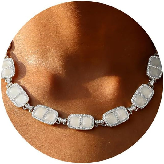 Chunky Necklace for Women 12 Colors Diamond Stone Gold Statement Necklace for Women Full Trendy Blue Birthstone Choker Necklace for Women Square Design Necklace Jewelry