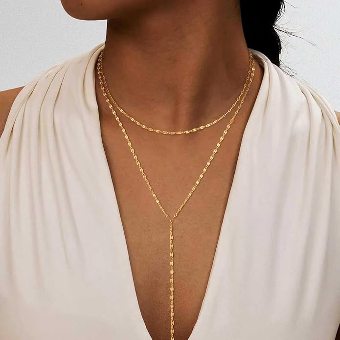 Lariat Necklace for Women, Dainty Long Necklaces, 14k Gold/Silver Plated Y-Shaped Drop Chain Necklace, Simple Layered Necklaces, Trendy Jewelry Gifts for Her
