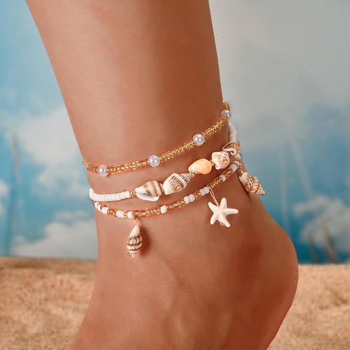 Bead Ankle Bracelets for Women Waterproof Adjustable Boho Shell Anklet Summer Beach Seashell Conch Foot Jewelry Accessories