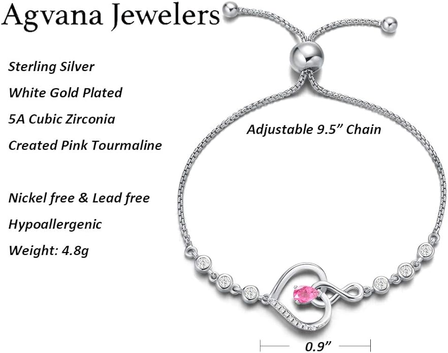 AGVANA Heart Birthstone Bracelets for Women Sterling Silver Genuine or Created Gemstone Tennis Bracelet Infinity Love Jewelry Anniversary Birthday Gifts for Wife Mom Women