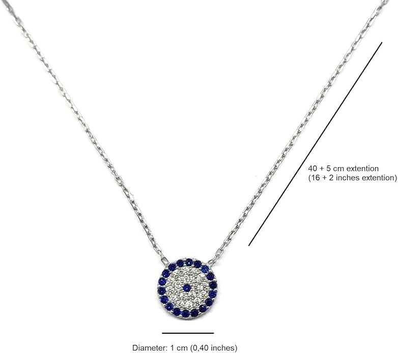 MYSTIC JEWELS - 925 Sterling Silver Necklace with Turkish Eye Necklace - Round with Cubic Zirconia