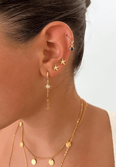 Freekiss Gold Chain Studs Earrings for Women Trendy: Hypoallergenic 14K Gold Plated Dangle Earrings Dainty Small Long Chain Earring Set Fashion Gold Jewelry for Women