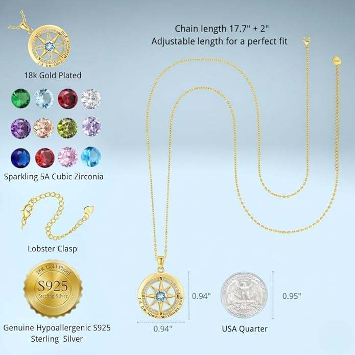 Compass Necklace for Women Wife Girlfriend Mom Daughter Gifts S925 Silver Jewelry For Anniversary Rose Gold Gifts For Birthday Christmas Mothers Valentines Day 12 Birthstones