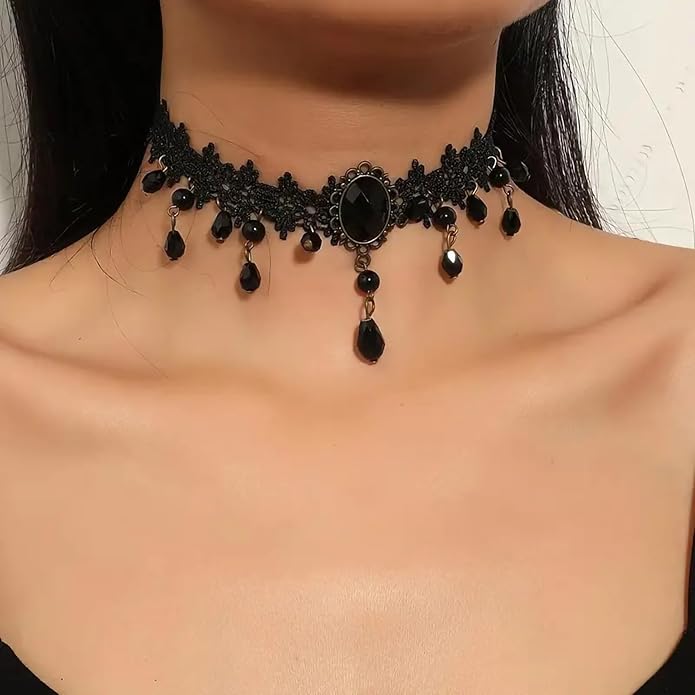 Fesciory Black Necklaces for Women, Adjustable Layered Velvet Leather Lace Collar Necklace, Goth Jewelry Gifts.