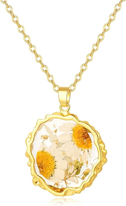 Birth Flower Necklaces for Women,1-12 Month Real Pressed Flower Necklace,Boho-Style Personalized Jewelry, Handmade Floral Pendant,Thoughtful Gift for Christmas,Birthday|18"
