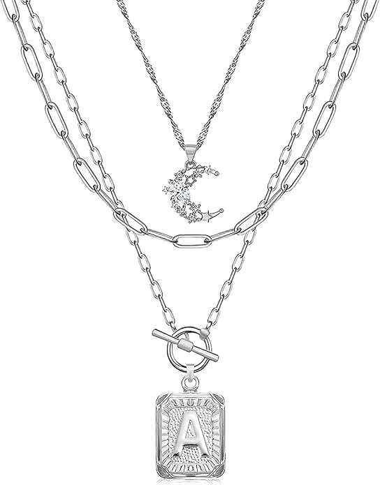 MJartoria Layered Initial Necklaces for Women Trendy, 14K Gold Plated Brass Simple Moon Choker Square Letter Pendant Necklace, Paperclip Chain Necklaces Jewelry Gifts
