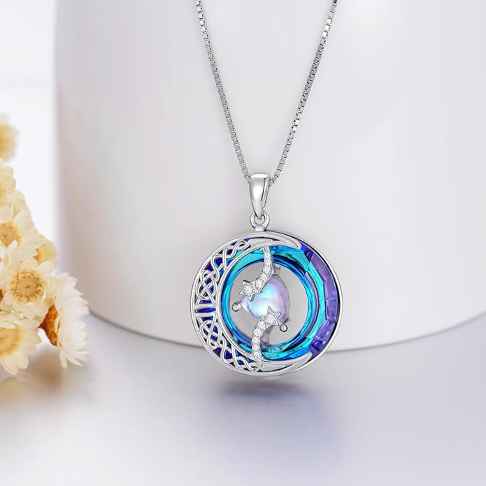 TOUPOP Christmas Gifts Birthstone Necklace 925 Sterling Silver Moon and Star Pendant with Blue Crystal Celtic Moon Jewelry Birthday Gifts for Women Mom Wife Her Daughter