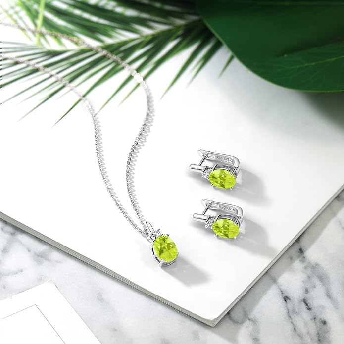 Gemstone Birthstone and White Created Sapphire Pendant and Earrings Jewelry Set for Women in 925 Sterling Silver | Oval 8X6MM and Round 2.5MM | With 18 Inch Chain | Fine Jewelry for Her Mom Women Wife
