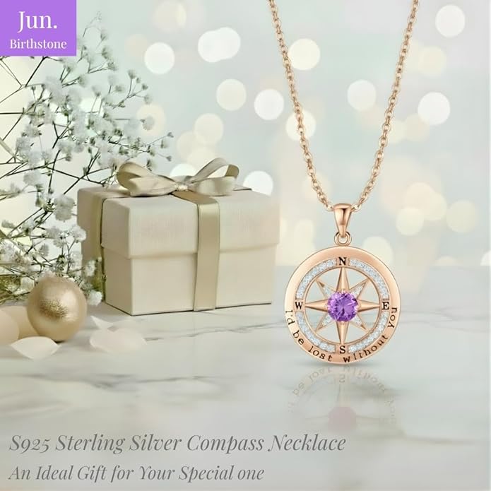 Compass Necklace for Women Wife Girlfriend Mom Daughter Gifts S925 Silver Jewelry For Anniversary Rose Gold Gifts For Birthday Christmas Mothers Valentines Day 12 Birthstones