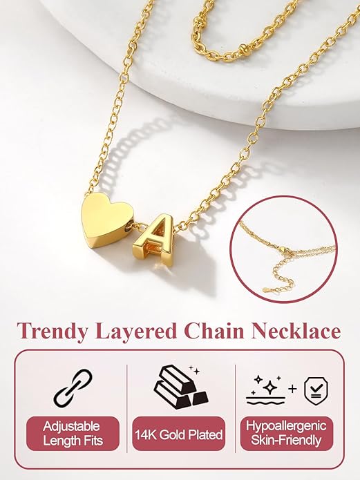 FOCALOOK Layered Initial Necklace for Women, 14K Gold Plated Choker Necklaces Stacks with Initial A-Z, Dainty Silver Heart Pendant Necklace Personalized Birthday Women Jewelry