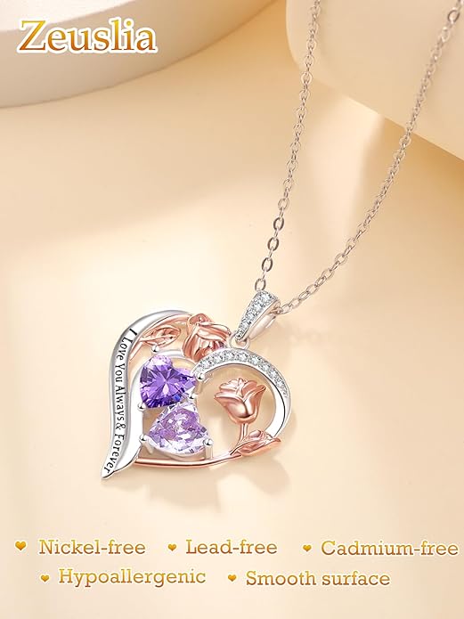 Zeuslia Double Birthstone Necklace Gifts for Wife - 925 Sterling Silver Sunflower/Rose/Crown Cross/Compass/Heart Pendant I Love You Necklace, Anniversary Birthday Gifts for Wife Girlfriend Mom Her