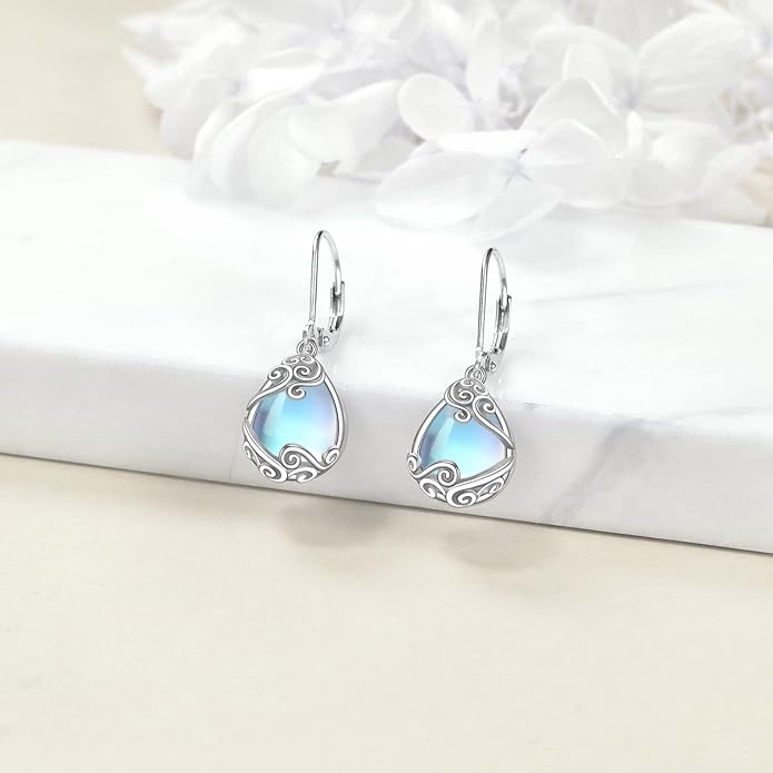 Moonstone Filigree Drop Dangle Teardrop Earrings 925 Sterling Silver Moonstone Leverback Earrings for Women Jewelry Gifts