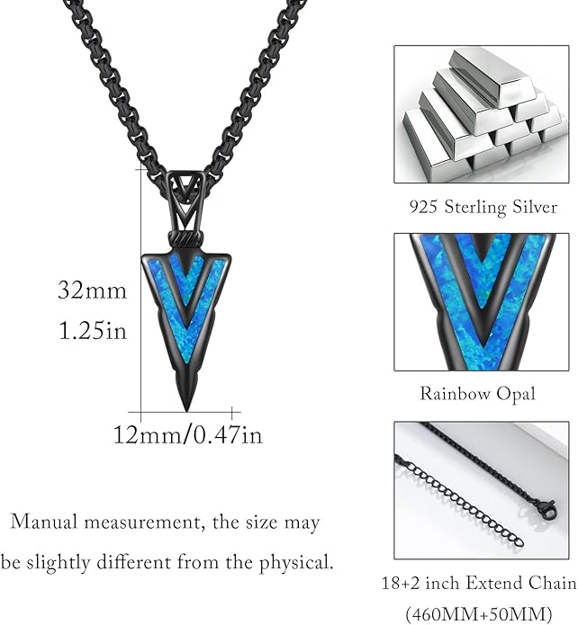 PCTJYFU Arrowhead Necklace 925 Sterling Silver for Women Men Pendant with Blue Opal/Abalone Shell/Turquoise Black Gold Plating Protective Symbol Jewelry Adjustable Chain Gift for Him Her